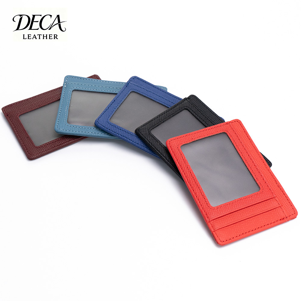 Genuine Leather Crosshatch Card Holder 6 Card Slots with Clear ID Window Minimalist Slim Card Wallet Unisex Portable OEM ODM