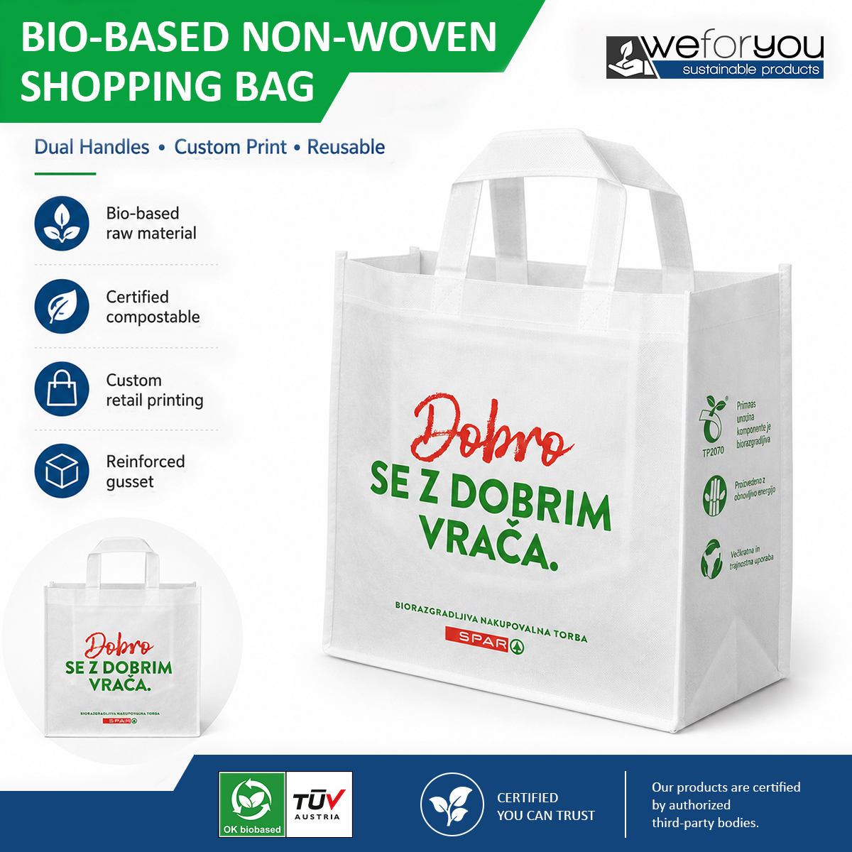 Bio Based 100% PLA Nonwoven Shopping Bag Custom Printed Reusable Certified Compostable Tote Bag