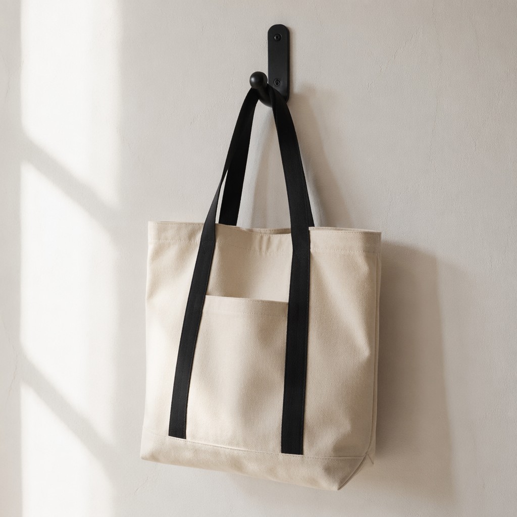 Minimalist Heavy Duty Waterproof Cotton Canvas Tote Bag Zipper Closure Contrasting Black Webbing Handles Large Capacity Reusable