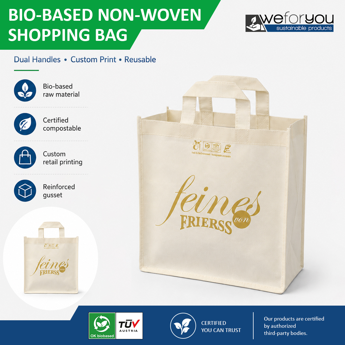 Bio Based PLA Non Woven Tote Bag Custom Printed Reusable Shopping Bag for Retail Packaging