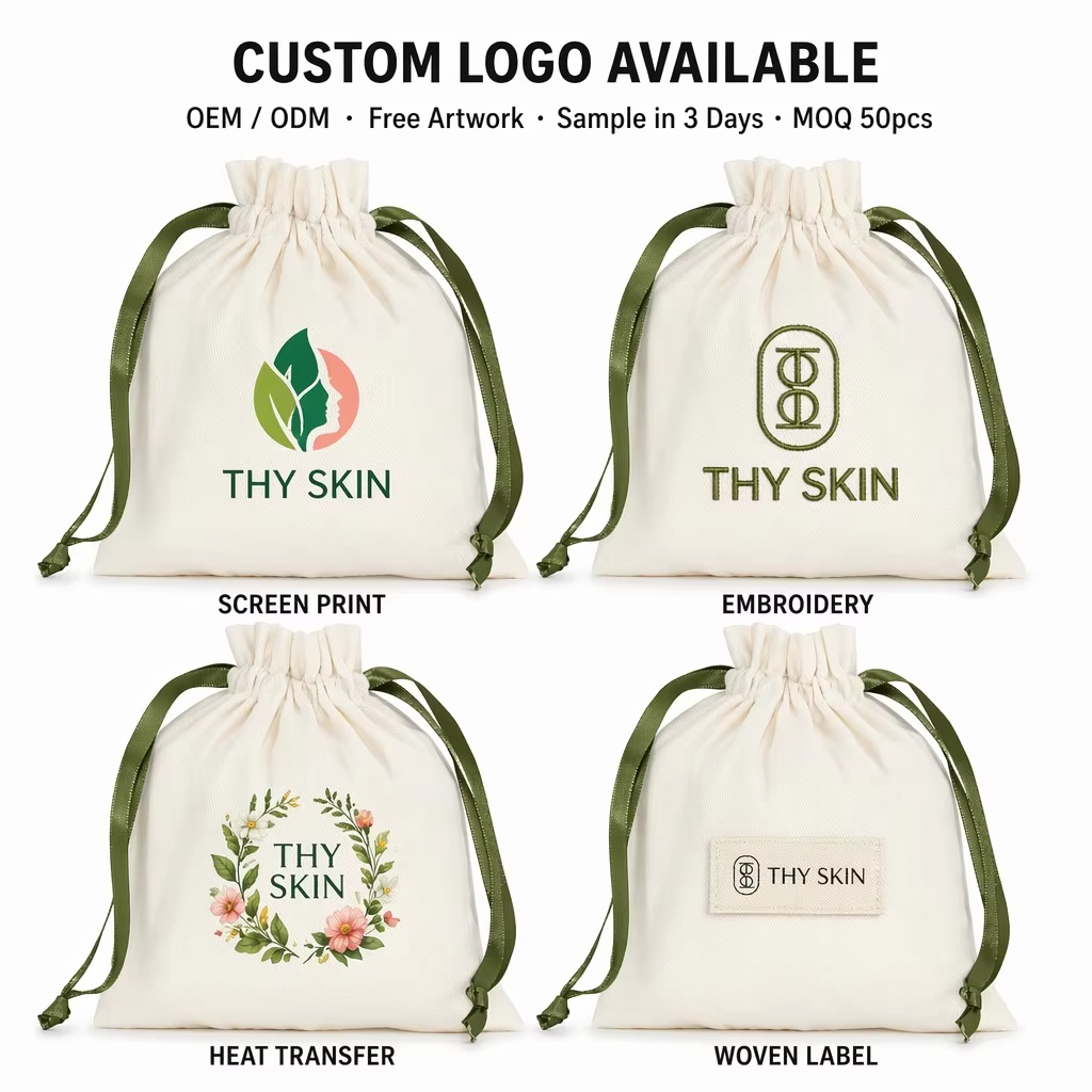 Organic Cotton Printed Muslin Drawstring Bags Custom Logo Large Linen Cotton Dust Packaging Bag For Purse Shoe Handbags Luxury