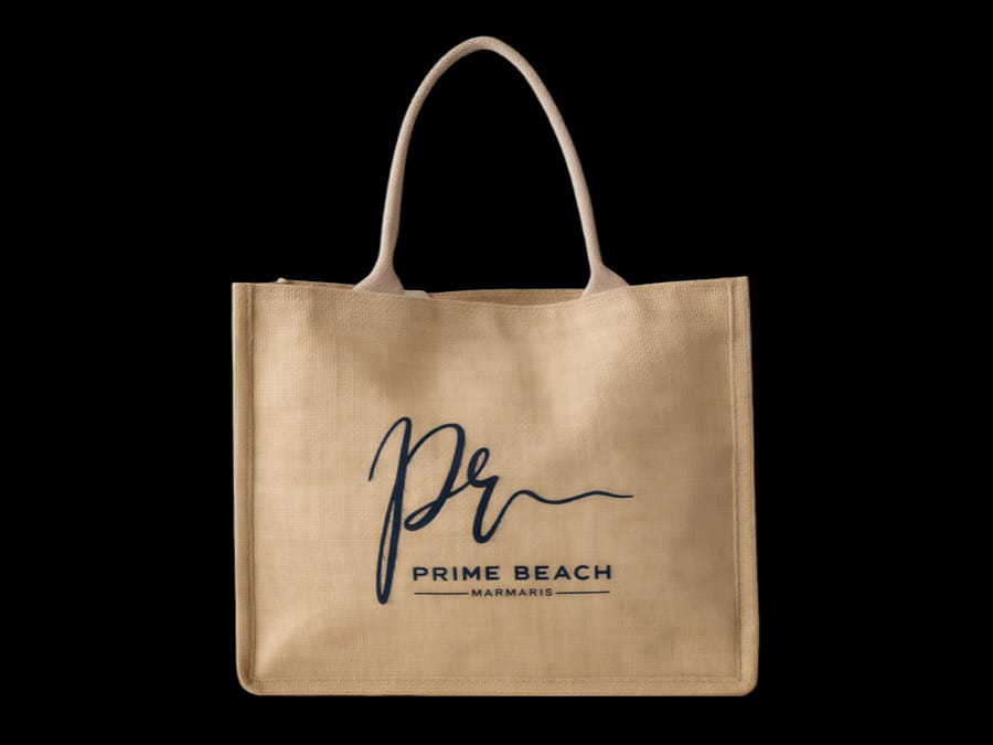 Custom printed natural jute beach tote with dense ink deposit