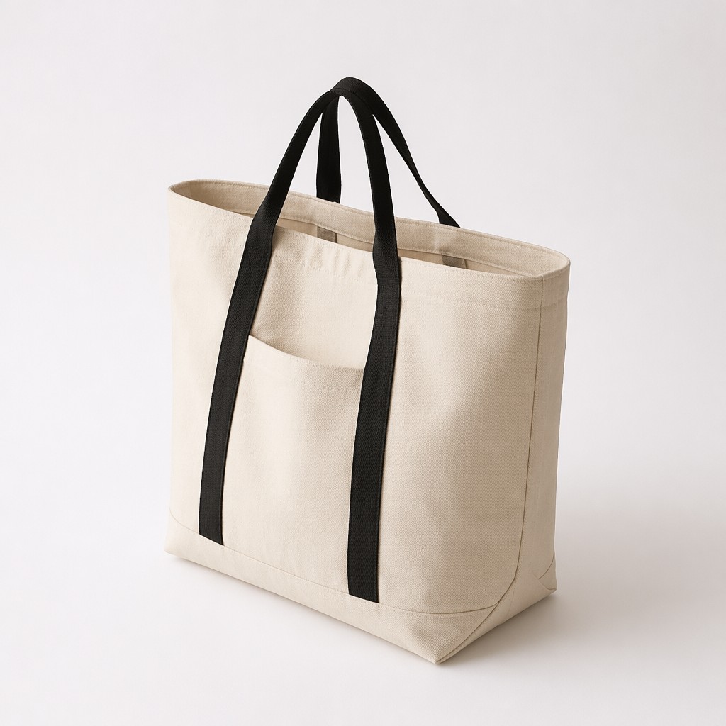 Minimalist Heavy Duty Waterproof Cotton Canvas Tote Bag Zipper Closure Contrasting Black Webbing Handles Large Capacity Reusable