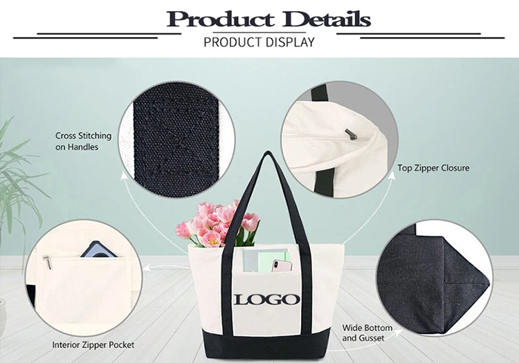 American Retro 12-16oz Heavy Duty Cotton Canvas Tote Bag Eco Reusable Custom Logo Printed Zipper Closure Large Big Shopping Bag