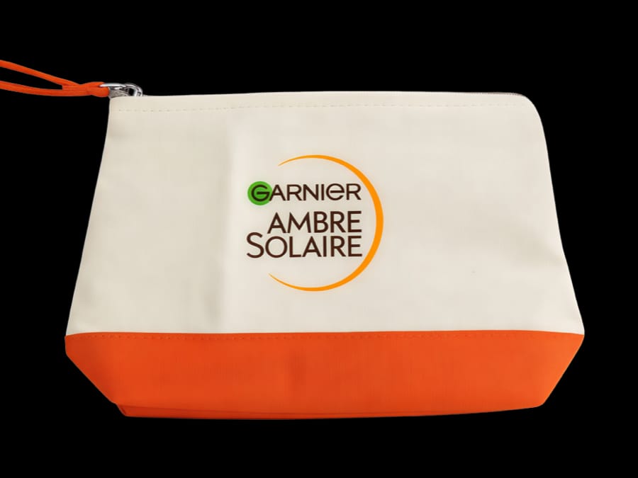 Printed color-block cosmetic pouch production sample