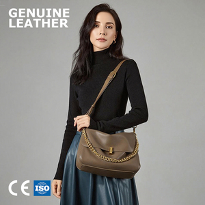Cowhide Leather Messenger Shoulder Bag with Gold Chain