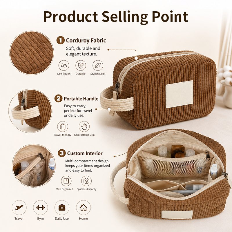 Factory Custom Logo High Quality Corduroy Makeup Cosmetic Toiletry Pouch Bag Travel Makeup Organizer with Handle