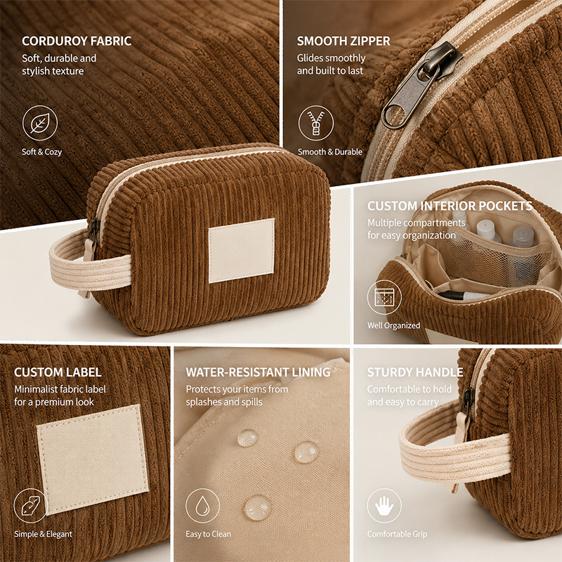 Factory Custom Logo High Quality Corduroy Makeup Cosmetic Toiletry Pouch Bag Travel Makeup Organizer with Handle