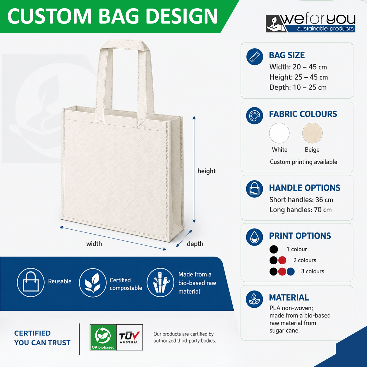 Bio Based PLA Non Woven Tote Bag Custom Printed Reusable Shopping Bag for Retail Packaging