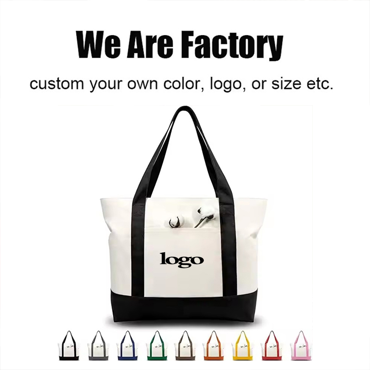 American Retro 12-16oz Heavy Duty Cotton Canvas Tote Bag Eco Reusable Custom Logo Printed Zipper Closure Large Big Shopping Bag
