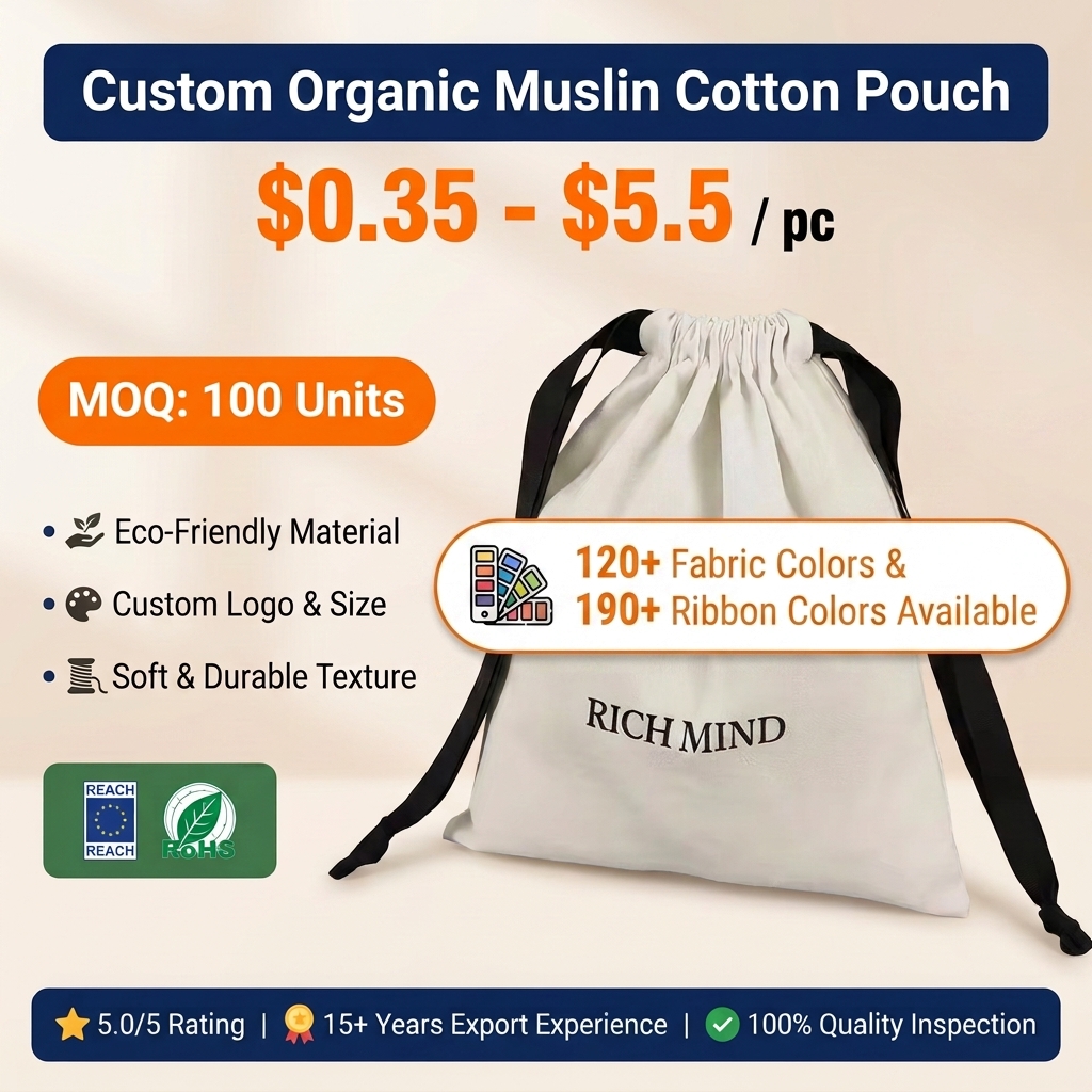 Customized Organic Muslin Cotton Drawstring Pouch Wedding Party Shopping Gift Packaging Bag Soft Cotton Muslin Dust Bag