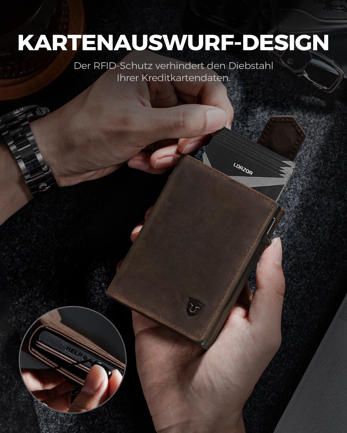THUMBS-UP Factory Magnetic Snap Trifold Aluminum Card Holder Zipper Coin Pocket Leather RFID Blocking Minimalist Wallet