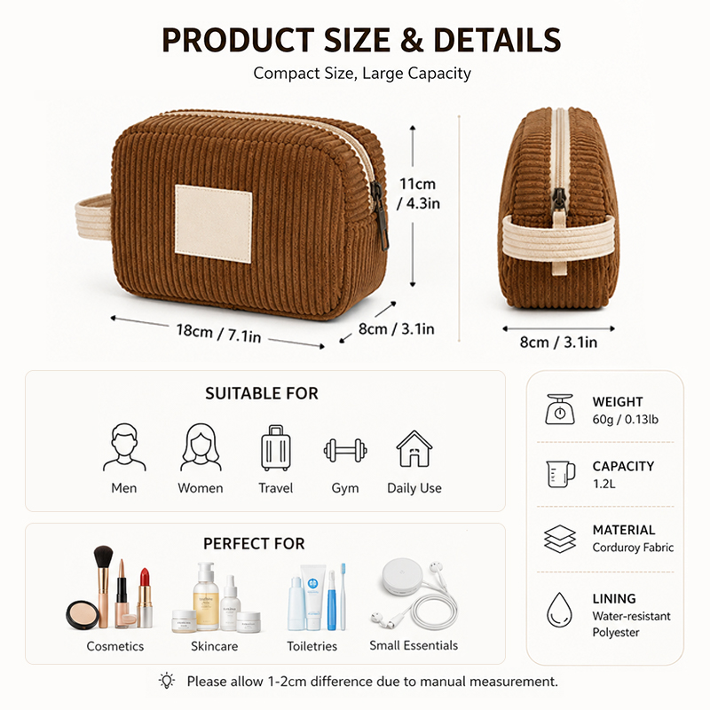 Factory Custom Logo High Quality Corduroy Makeup Cosmetic Toiletry Pouch Bag Travel Makeup Organizer with Handle