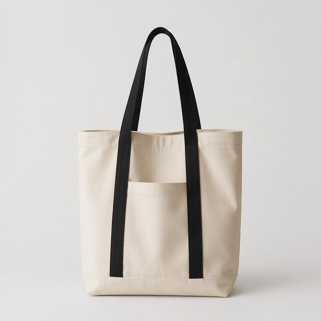 Minimalist Heavy Duty Waterproof Cotton Canvas Tote Bag Zipper Closure Contrasting Black Webbing Handles Large Capacity Reusable
