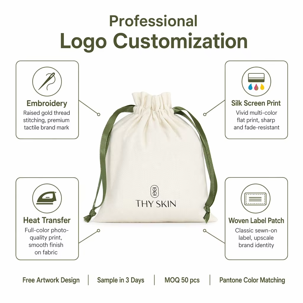 Organic Cotton Printed Muslin Drawstring Bags Custom Logo Large Linen Cotton Dust Packaging Bag for Purse Shoe Handbags Luxury