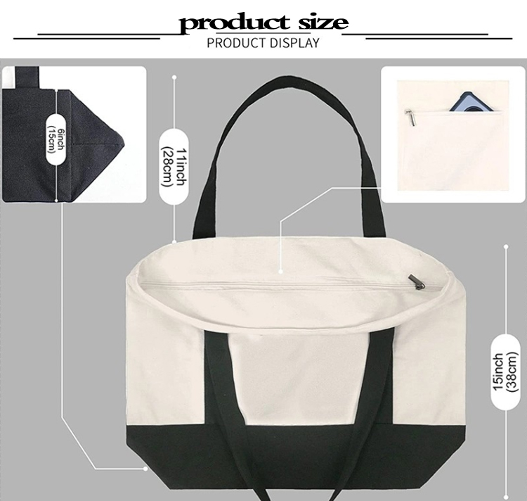 American Retro 12-16oz Heavy Duty Cotton Canvas Tote Bag Eco Reusable Custom Logo Printed Zipper Closure Large Big Shopping Bag