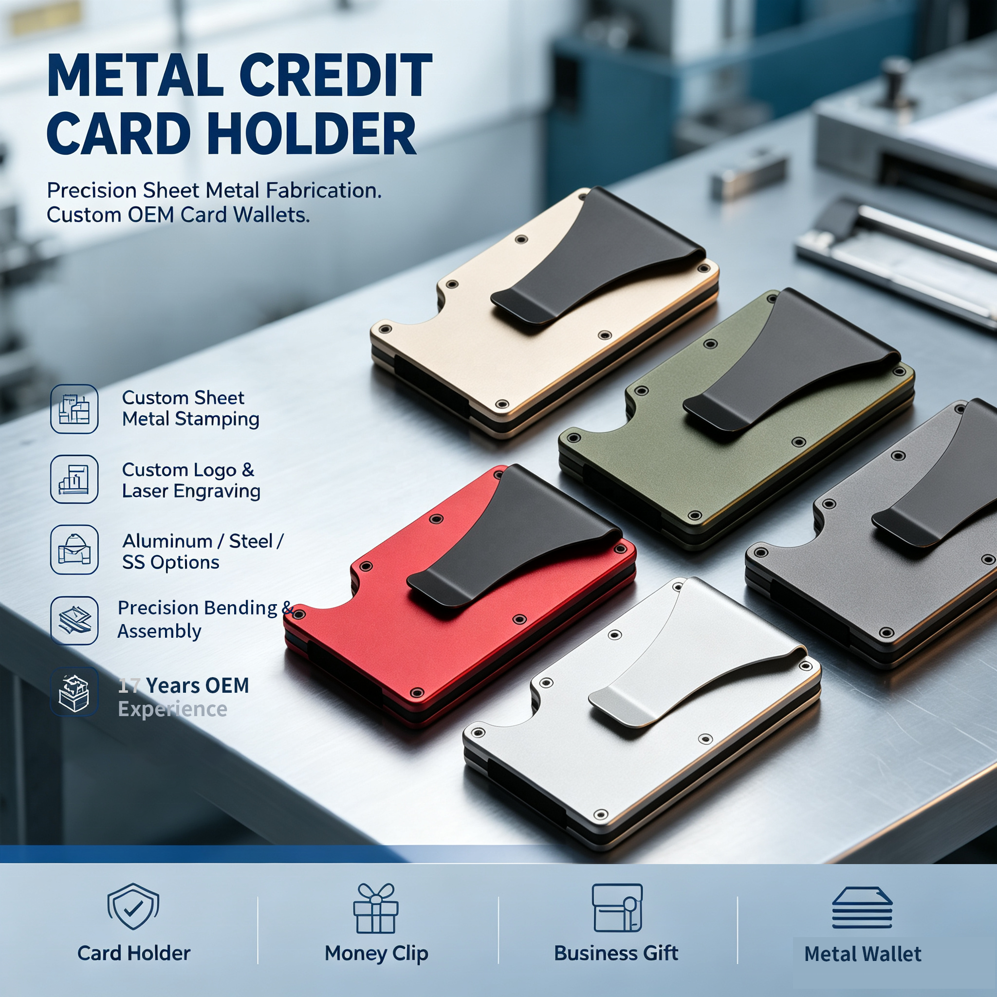 Custom Logo Anodized Aluminum RFID Blocking Men Slim Minimalist Metal Wallet Credit Card Holder