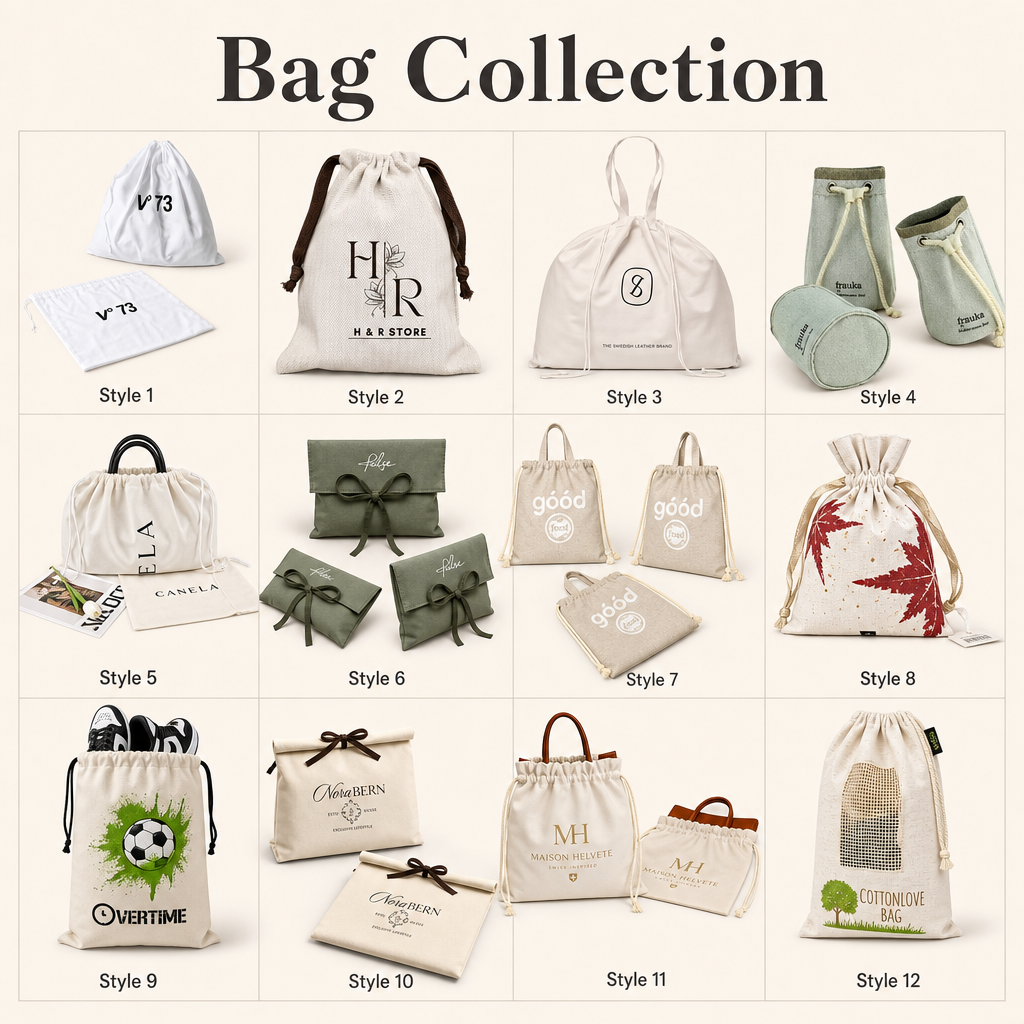 Organic Cotton Printed Muslin Drawstring Bags Custom Logo Large Linen Cotton Dust Packaging Bag For Purse Shoe Handbags Luxury